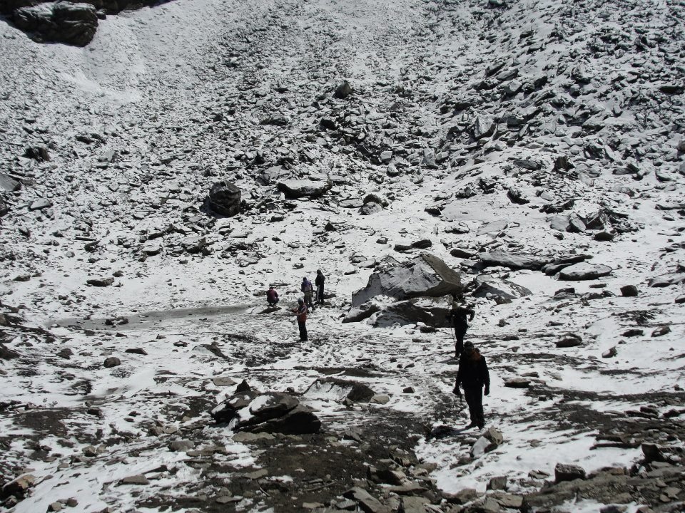 Snow settling over the tents at the Bhagwabasa campsite