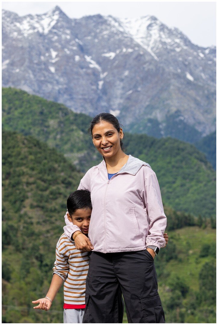 Yuvan and Ma with the Dhauladhar peaks behind them